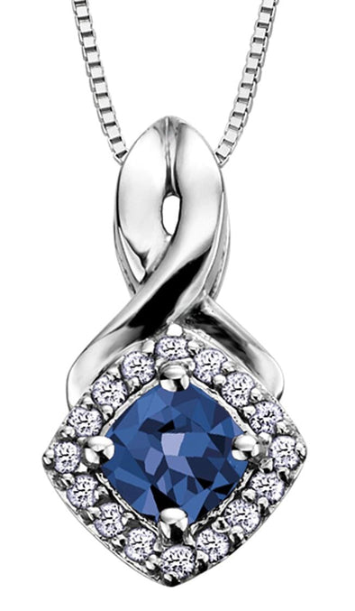 White Gold Blue Sapphire, Diamond Drop Pendant Necklace.