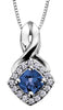 White Gold Blue Sapphire, Diamond Drop Pendant Necklace.