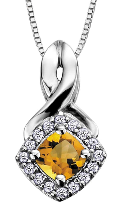 White Gold Citrine, Diamond Drop Pendant Necklace.