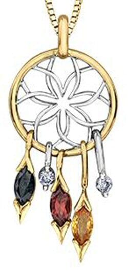 Yellow Gold Canadian Diamond, Black Sapphire, Garnet, Yellow Sapphire, Canadian Diamond "Dream Catcher" Pendant Necklace.