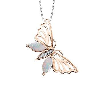 Rose Gold Opal, Diamond Butterfly Pendant Necklace.