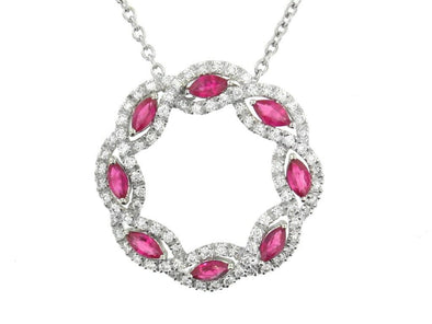 White Gold Ruby, Diamond Circle Pendant Necklace.