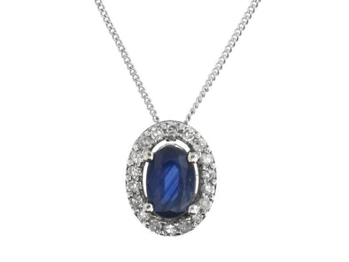 White Gold Blue Sapphire, Diamond Pendant Necklace.
