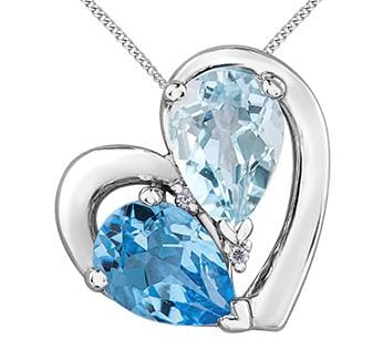 White Gold Aquamarine, Blue Topaz, Diamond Heart Pendant Necklace.