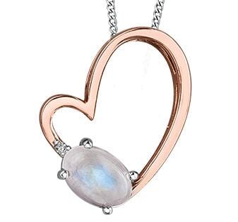 Rose Gold Moonstone, Diamond Heart Pendant Necklace.
