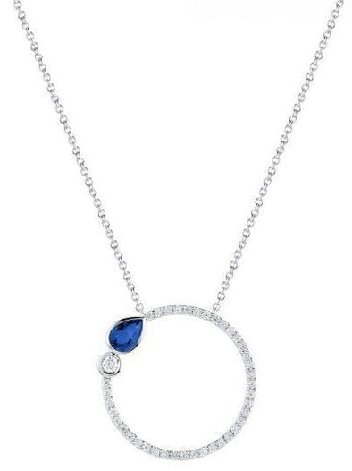 White Gold Blue Sapphire, Diamond Circle Pendant Necklace.