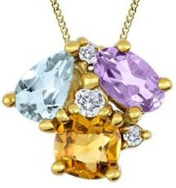 Yellow Gold Amethyst, Blue Topaz, Citrine, Canadian Diamond Pendant Necklace.