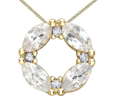 Yellow Gold White Sapphire, Diamond Circle Pendant Necklace.
