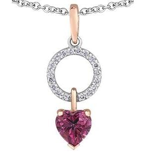 White Gold, Rose Gold Pink Topaz, Diamond Heart Circle Pendant Necklace.