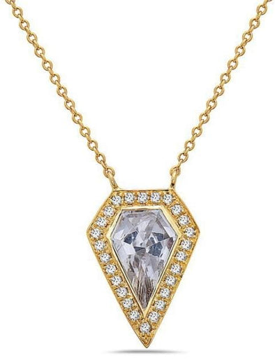 Yellow Gold Kite Shaped White Quartz, Diamond Pendant Necklace.