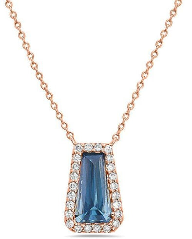 Rose Gold Coffin Shaped London Blue Topaz, Diamond Pendant Necklace.