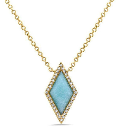Yellow Gold Fancy Diamond Shaped Kite Cut Amazonite, Diamond Pendant Necklace.
