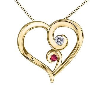 Yellow Gold Ruby, Canadian Diamond Heart Pulse Pendant Necklace.
