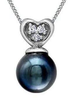 White Gold Black Cultured Pearl, Diamond Heart Pendant Necklace.