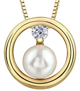 Yellow Gold Canadian Diamond, Pearl Circle Pendant Necklace.