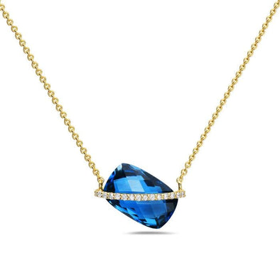 Yellow Gold Diamond, London Blue Topaz Pendant Necklace.