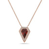 Rose Gold Shield Cut Garnet, Diamond Pendant Necklace.