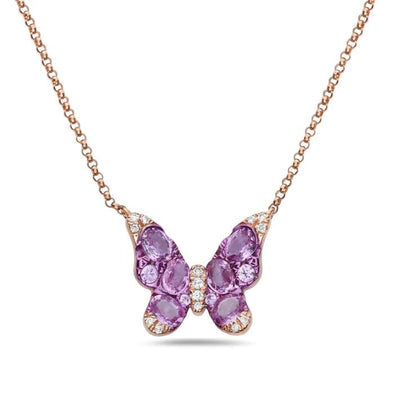 Rose Gold Diamond, Pink Sapphire Butterfly Pendant Necklace.