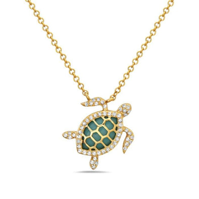 Yellow Gold Turquoise Turtle Pendant Necklace.