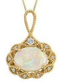 Yellow Gold Opal, Canadian Diamond Pendant Necklace.