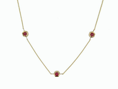 Yellow Gold Ruby Station Pendant Necklace.