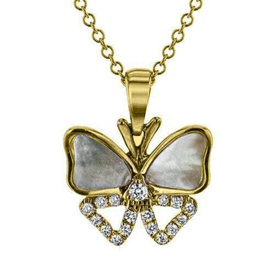 Yellow Gold Mother of Pearl, Diamond Butterfly Pendant Necklace.