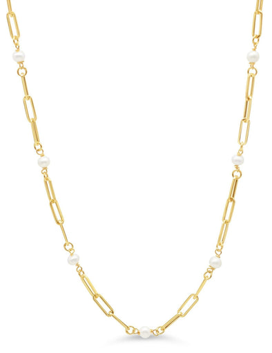 Yellow Gold Pearl Paperclip 18" Pendant Necklace. 3.5 - 4.0mm Pearls.