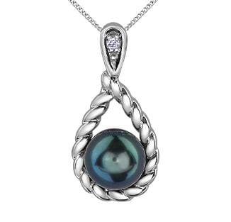 White Gold Black Cultured Pearl, Diamond Pendant Necklace.