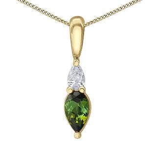 Yellow Gold Green Tourmaline, Diamond Drop Pendant Necklace.