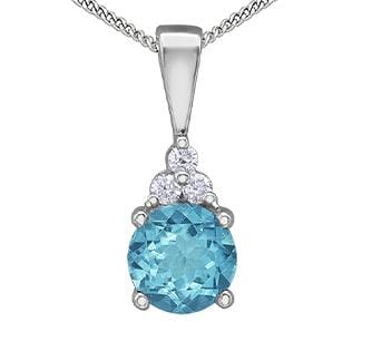 White Gold Blue Topaz, Diamond Drop Pendant Necklace.