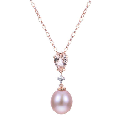 Rose Gold Fresh Water Pearl, Morganite, Diamond Drop Pendant Necklace.