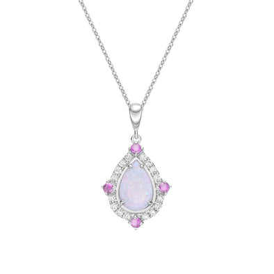 White Gold Opal, Pink Sapphire, Diamond Pendant Necklace.