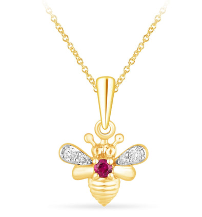 Yellow Gold Ruby, Diamond Bee Pendant Necklace.