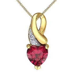 Yellow Gold Created Ruby, Diamond Heart Pendant Necklace.