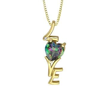 Yellow Gold Mystic Topaz, Diamond "Love" Pendant Necklace.