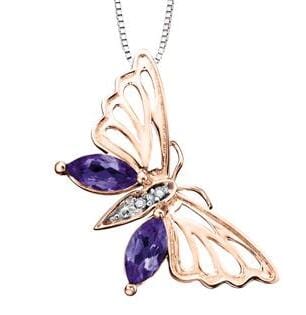 Rose Gold Amethyst, Diamond Butterfly Pendant Necklace.