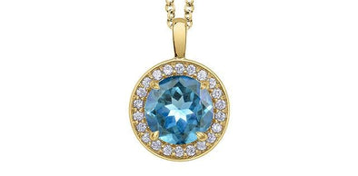 Yellow Gold Blue Topaz, Diamond Circle Drop Pendant Necklace.