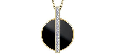 Yellow Gold Onyx, With Natural Earth Mined Accent Diamonds Circle Pendant Necklace.
