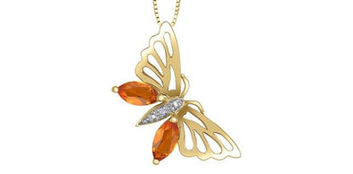 Yellow Gold Citrine, With Natural Earth Mined Accent Diamonds Butterfly Pendant Necklace.