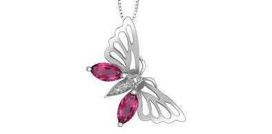 White Gold Pink Topaz, With Natural Earth Mined Accent Diamonds Butterfly Pendant Necklace.