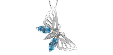 White Gold Blue Topaz, With Natural Earth Mined Accent Diamonds Butterfly Pendant Necklace.