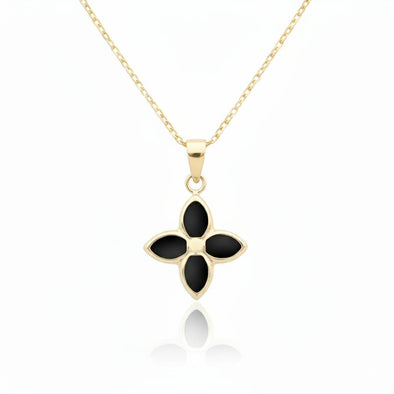 Yellow Gold Onyx Flower Pendant Necklace.
