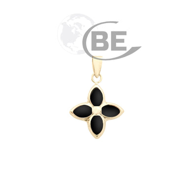 Yellow Gold Onyx Flower Pendant Necklace.