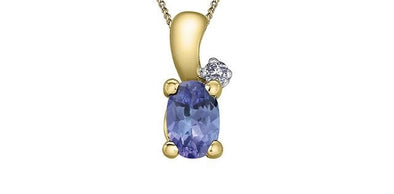 Yellow Gold Tanzanite, Diamond Drop Pendant Necklace.