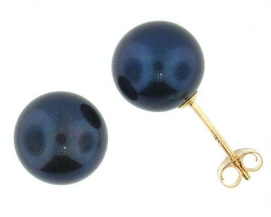 Yellow Gold Cultured Freshwater Black Pearl Stud Earrings. 8.0 - 8.5mm Pearls.
