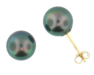 Yellow Gold Cultured Freshwater Black Pearl Stud Earrings. 7.0 - 7.5mm Pearls.
