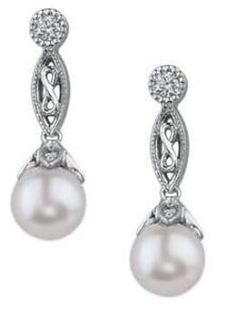 White Gold Cultured Pearl, Diamond Drop Earrings