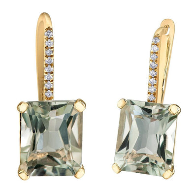 Yellow Gold Green Amethyst, Diamond Lever Back Earrings