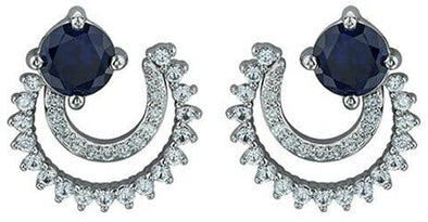 White Gold Created Blue Sapphire, Diamond Stud Earrings.0.12 Total Diamond Weight.