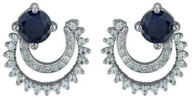 White Gold Created Blue Sapphire, Diamond Stud Earrings.0.12 Total Diamond Weight.
